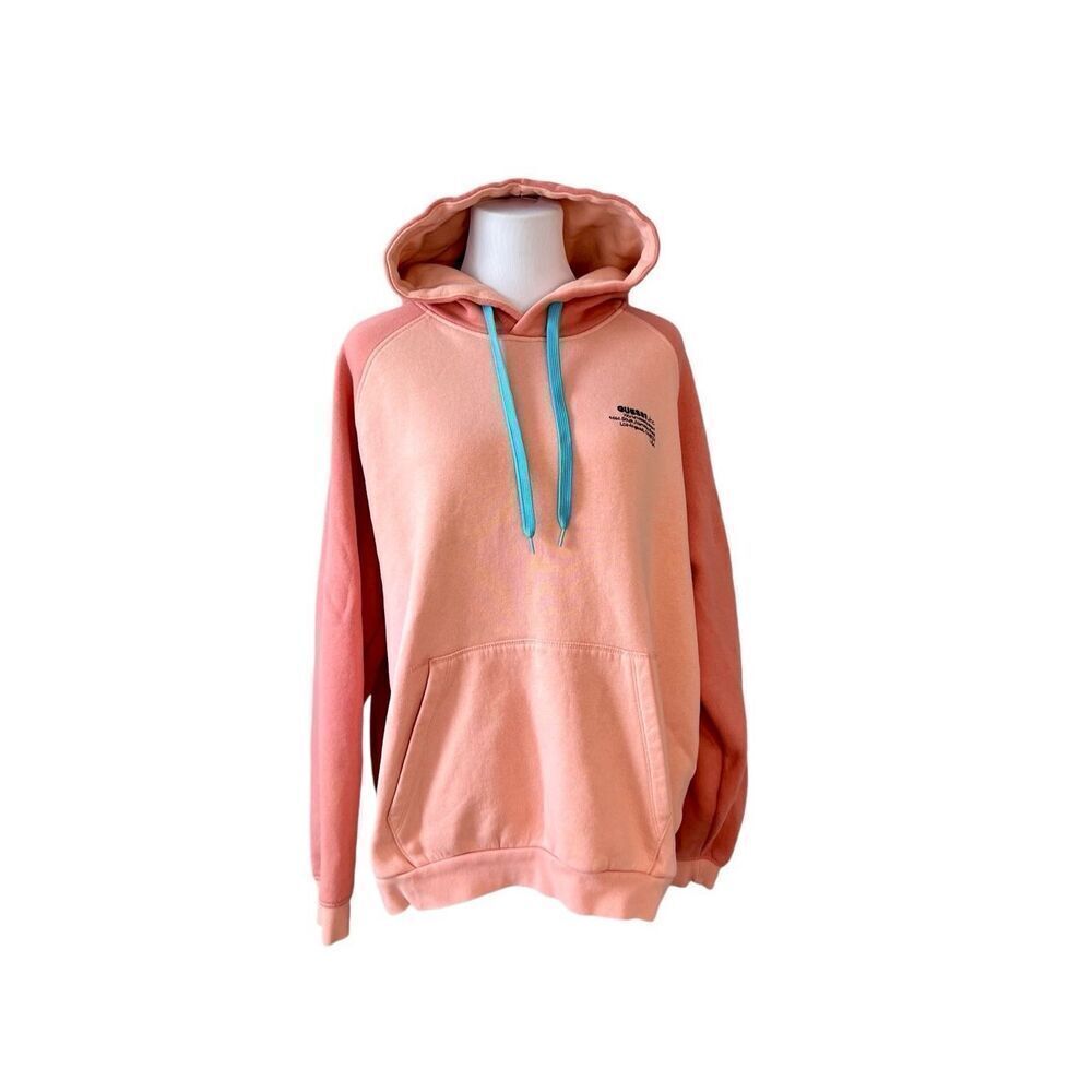 Guess Heavyweight Hooded Sweatshirt Hoodie Unisex Retails $118 Peach Colorblock‎